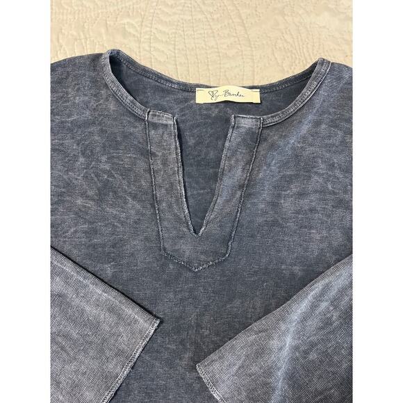 Women's Distressed Oversized Crop Top Small Waffle Knit Casual Pullover Cut Out - Picture 5 of 9